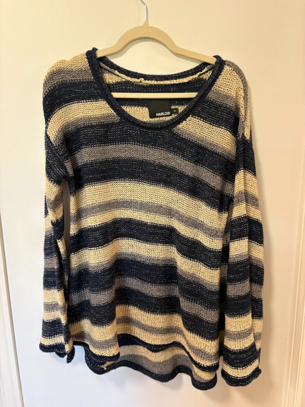 Harlow  Striped Knit Sweater Bell Sleeves Roll Over Neck Size Large Blue Cream